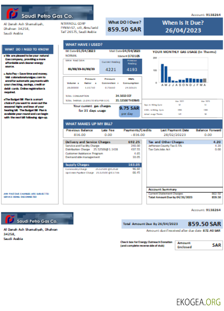 Facture commerciale du service public saoudien Petro Gas, SCR